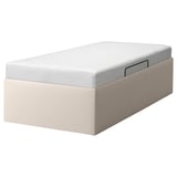 TJÅLLE bed in beige, rectangular, upholstered with recycled polyester, featuring storage space and a modern style.