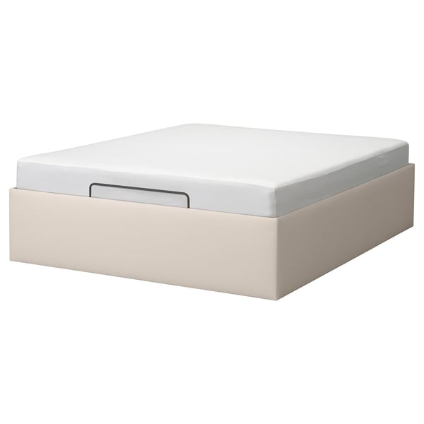 Modern white TJÅLLE bed frame with storage. Rectangular, upholstered in polyester, featuring a smooth, lift-up lid.