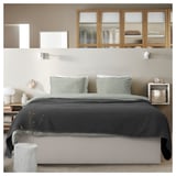 Minimalist bedroom with modern TJÅLLE bed in grey, featuring striped pillows, grey bedding, and sleek wooden nightstands with plants and lamps.