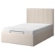 The TJÅLLE bed in beige upholstery has a modern, rectangular design with a plush headboard and storage under the mattress.