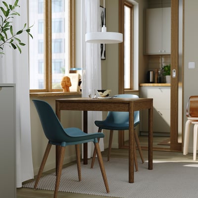 TONSTAD / GRÖNSTA Table and 2 chairs, brown oak veneer/grey-turquoise, 80/120x70 cm