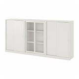 A white TONSTAD storage unit with sliding glass doors, featuring a sleek design and adjustable shelves for versatile storage.