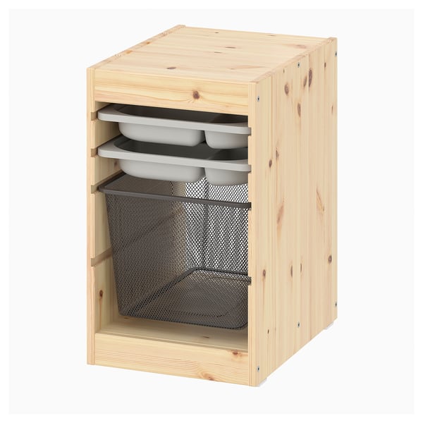 IKEA TROFAST light wood storage cube with mesh basket, white trays, rectangular shape, modern design.