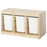 TROFAST light wood frame with 3 white bins, open front, natural wood grain.