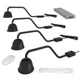 Black adjustable lamps with dome lights, remote control, and power supply. Modern and versatile for cabinet lighting.