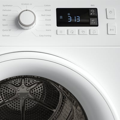 Front-load dryer control panel with modes and timer.