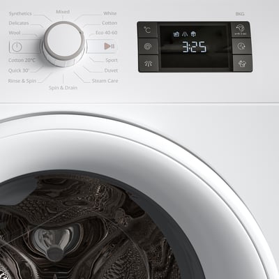 Front-loading washing machine with control panel and digital display, showing programs and settings.