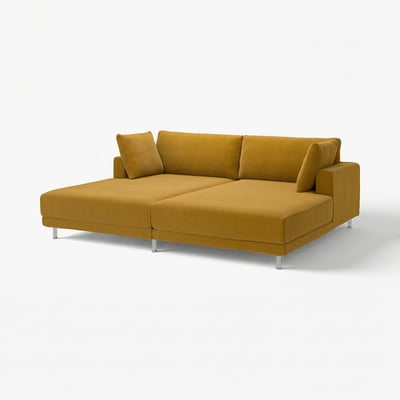 Modern UPPÅKRA sofa, golden-yellow, plush cushions, minimalist chrome legs, clean lines.