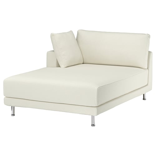 A white UPPÅKRA bouclé fabric chaise. It clean lines, a backrest with two cushions, and chrome legs.