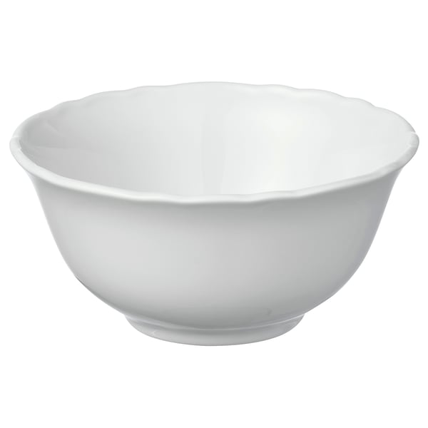 White porcelain bowl, ruffled edge, round shape, simple design.