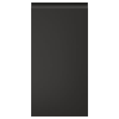 Black kitchen cabinet door with sleek handle, modern design, chamfered edges.