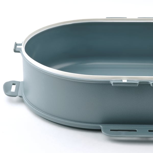 Round, gray plastic food container with secure lid for stacking.