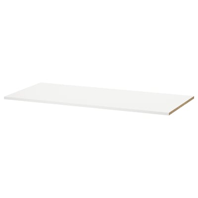 A white UTRUSTA shelf. It’s rectangular, made of melamine, and designed for corner cabinets.