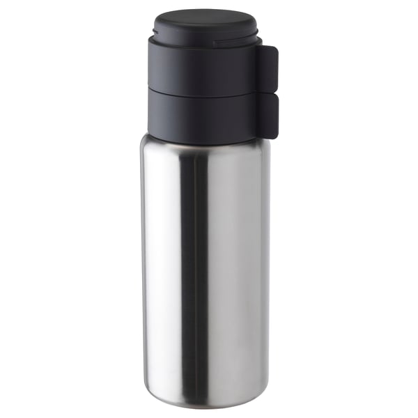 Silver insulated bottle with black lid, practical for travel or outdoors, durable stainless steel body.