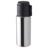 Silver insulated bottle with black lid, practical for travel or outdoors, durable stainless steel body.