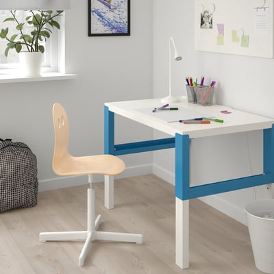VALFRED kids desk & birch swivel chair, white & blue, cozy study space.