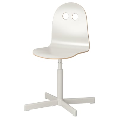 The VALFRED chair is white, adjustable, swiveling, with a light birch seat and four-leg base, designed for children.