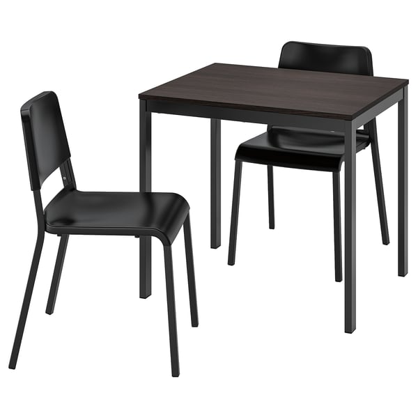 Black extendable dining table with 2 matching chairs, dark wood top, metal legs, plastic seats & backs.