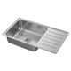 Stainless steel kitchen sink, rectangular with drainboard on right. Shiny, modern design, resilient material.