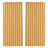 Two beige curtains hang side by side. They are solid, rectangular, and feature a rod pocket design, typically used for privacy and light control.