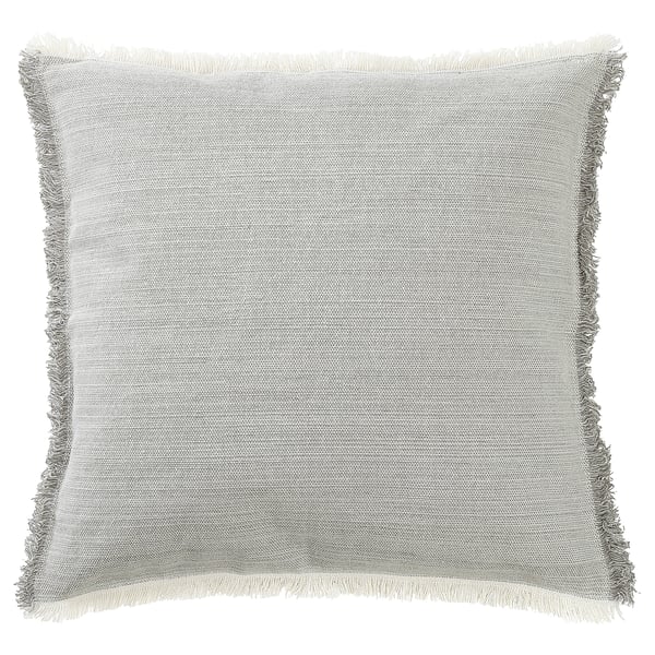 Square grey-white fringed cushion cover with zipper, made from recycled materials.