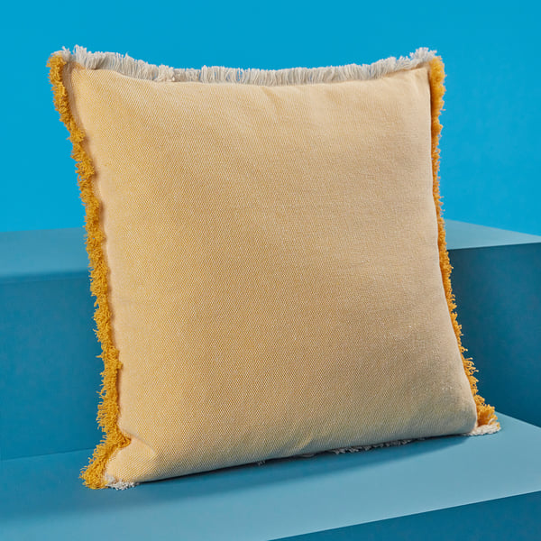 Beige & yellow fringed pillow, VÄXELBRUK, zipper closure.