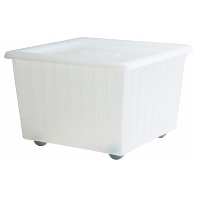 A white VESSLA storage crate with wheels, designed for easy transport and stacking.