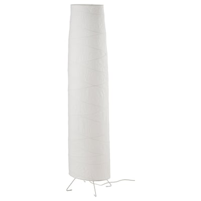 VICKLEBY floor lamp. White, sleek, cylindrical rice paper shade. Triple metal legs, soft light.