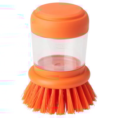 Orange VIDEVECKMAL dish brush with transparent handle for efficient dish cleaning.