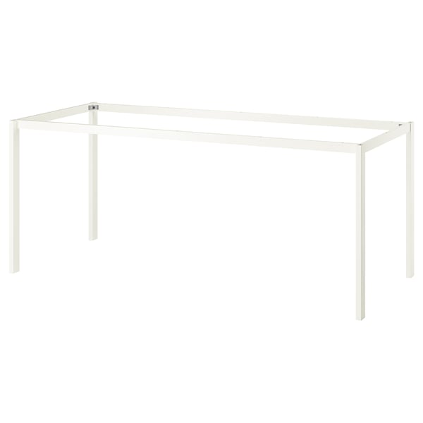 VIHALS white desk: minimalist, rectangular, strong steel base, clear glass top.