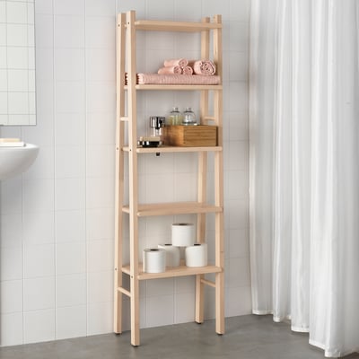 VILTO: light wooden 3-tier bathroom shelf, holding towels, toiletries, & toilet paper. Tall, narrow, fits corner neatly. Clean, minimalist design.