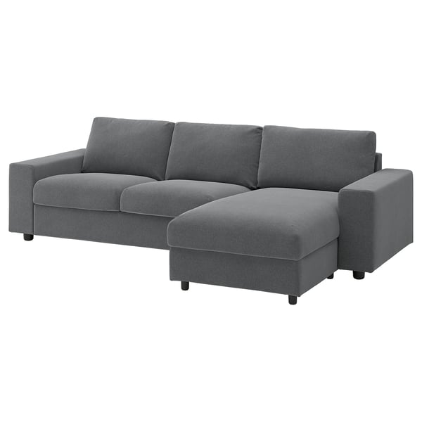 VIMLE 3-seat sofa with chaise longue, with wide armrests/Johanneshov dark grey