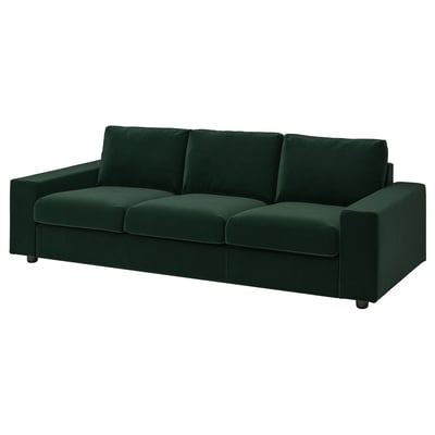 VIMLE sofa, deep green, three seats, cushioned, modern design. Soft, versatile, eco-friendly materials.