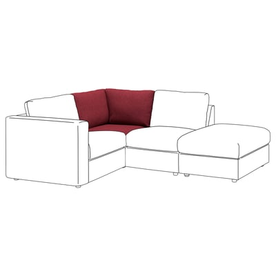 A modern l-shaped sofa with red cushions, clean lines, and white frame. Part of the VIMLE series, known for customizable seating.