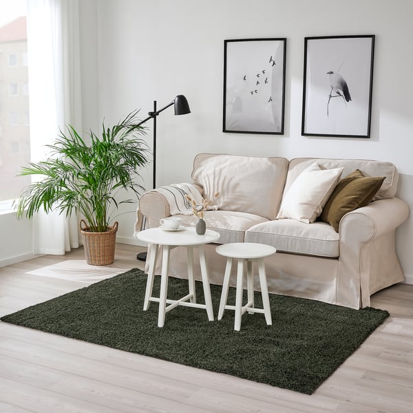 Modern living room with beige couch, dual tables, green rug, plant, lamp, wall art.