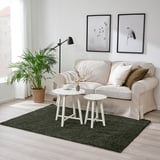 Modern living room with beige couch, dual tables, green rug, plant, lamp, wall art.