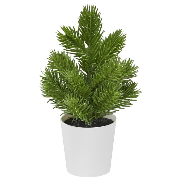 VINTERFINT: small, white-potted green artificial christmas tree with realistic leaves.