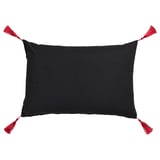Black rectangular pillow with red tassels, embroidered design.
