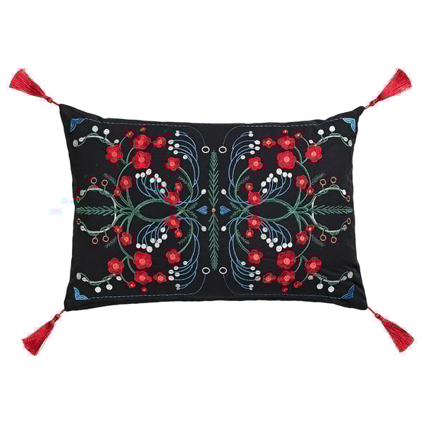 Black VINTERFINT cushion, red embroidered flowers, red tassels.