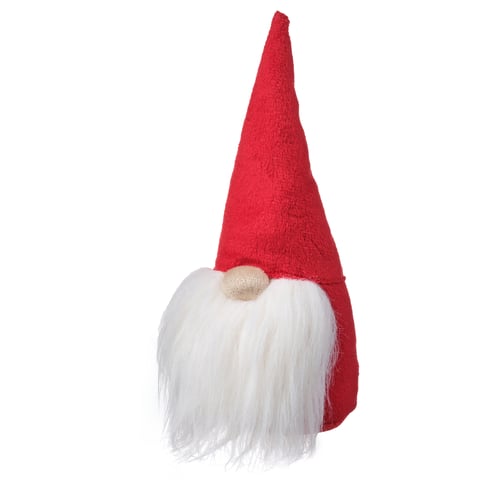 Red santa hat with white beard, made of recycled polyester, cone-shaped design.