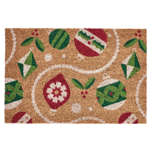 Holiday-themed doormat, VINTERFINT, red, green, and white festive designs on natural coconut fibre. Rectangle shape, durable and decorative.