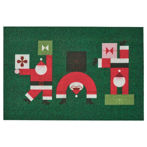 Santa-themed green doormat with red suit, white beard, and gift boxes. Bright, festive design.