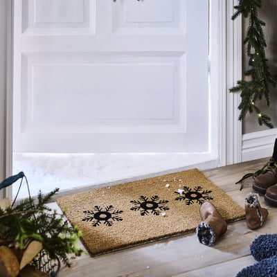 Doormat: VINTERFINT, brown, coir fiber, rectangular, snowflakes, fits well at entrance with boots and greenery.