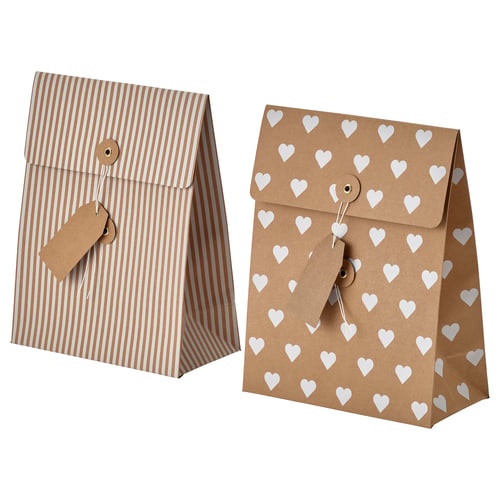 Two brown paper bags with string ties, one striped, one with hearts. Eco-friendly and stylish for gifts or treats.