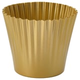 Golden metal planter with textured design, round shape, small size, metallic finish.