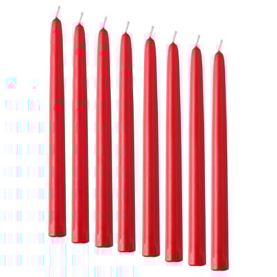 Eight red candles in row, detail VINTERFINT, red color, straight shape, stearin material, steady burn.