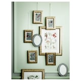 Gold-framed floral pictures & mirrors on green wall, various sizes & shapes.