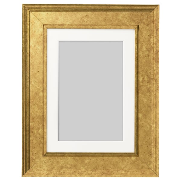 Golden rectangular picture frame with glass and cardboard backing.