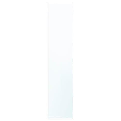 Puerta de espejo ÅHEIM: alta, rectangular, marco plateado, superficie reflectante, con bisagras de cierre suave.