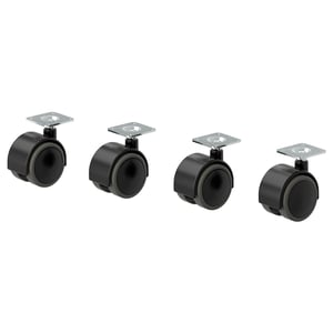 Cuatro ruedas negras para muebles, cada una con una parte superior cuadrada de placa de metal, un centro cilíndrico y una parte inferior de rueda de goma redonda.